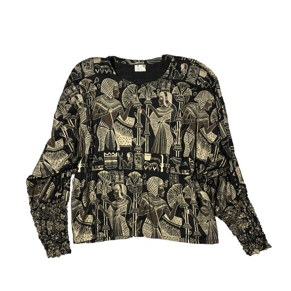 Why Not Womens M Black Egyptian print Long Sleeve Round Neck Pullover Blouse - Picture 1 of 10